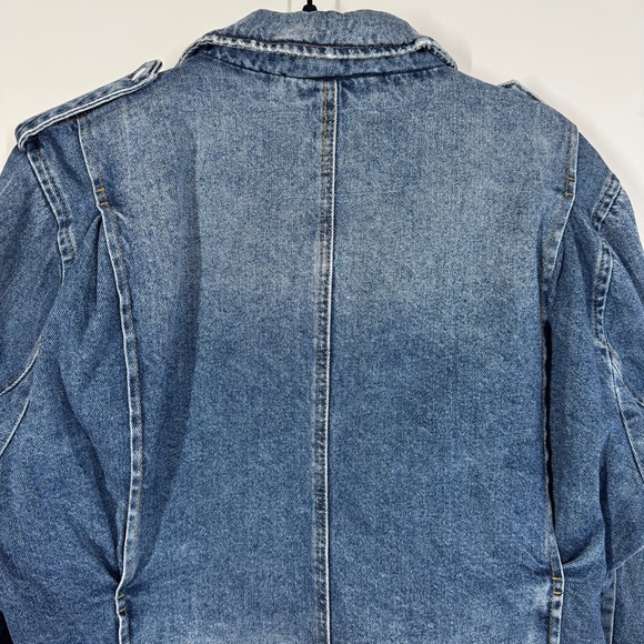 Zara Denim Blue Moto Biker Jean Jacket Distressed Jacket Size L - Picture 11 of 13